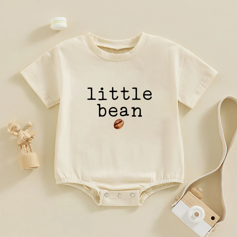 Newborn Baby Boy Girl Coffee Romper Bubble Short Sleeve Little Bean Bodysuit Ovesized Shirts Infant Casual Shirts Top