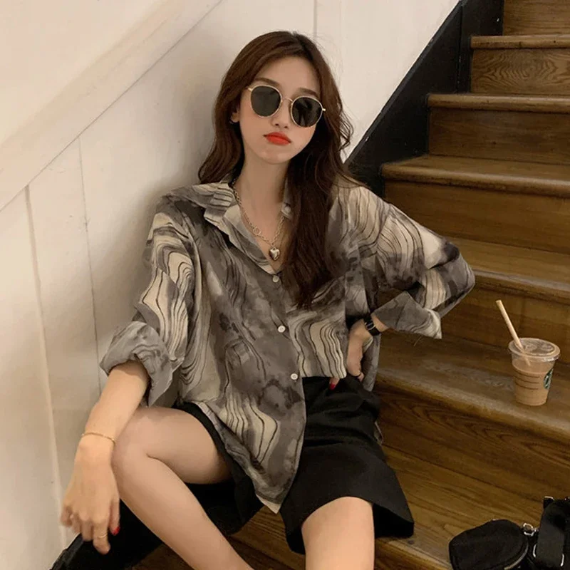 여름 셔츠 Y2K Women Shirt Tie-dye Print Harajuku Loose Female Shirts Long Sleeve Lapel Blouses Casual Streetwearлонгслив женский