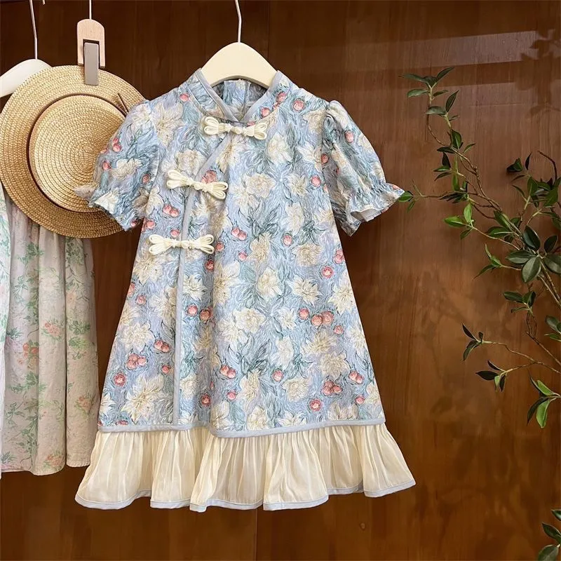 

Girls' Summer Short Seeved Cheongsam Skirt 2026 New Chinese Children's Qipao Skirt Dress Creative Kids' Breathable Dress LJ633