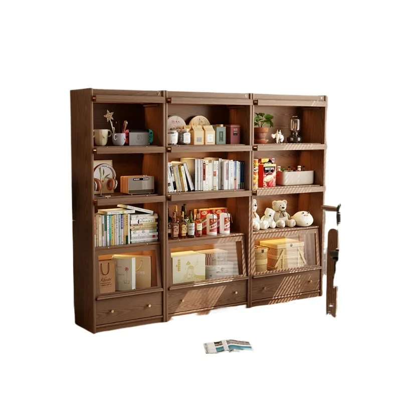 

Solid wood bookcase, glass door bookshelf, dust-proof integrated whole wall combination, floor-to-ceiling display locker