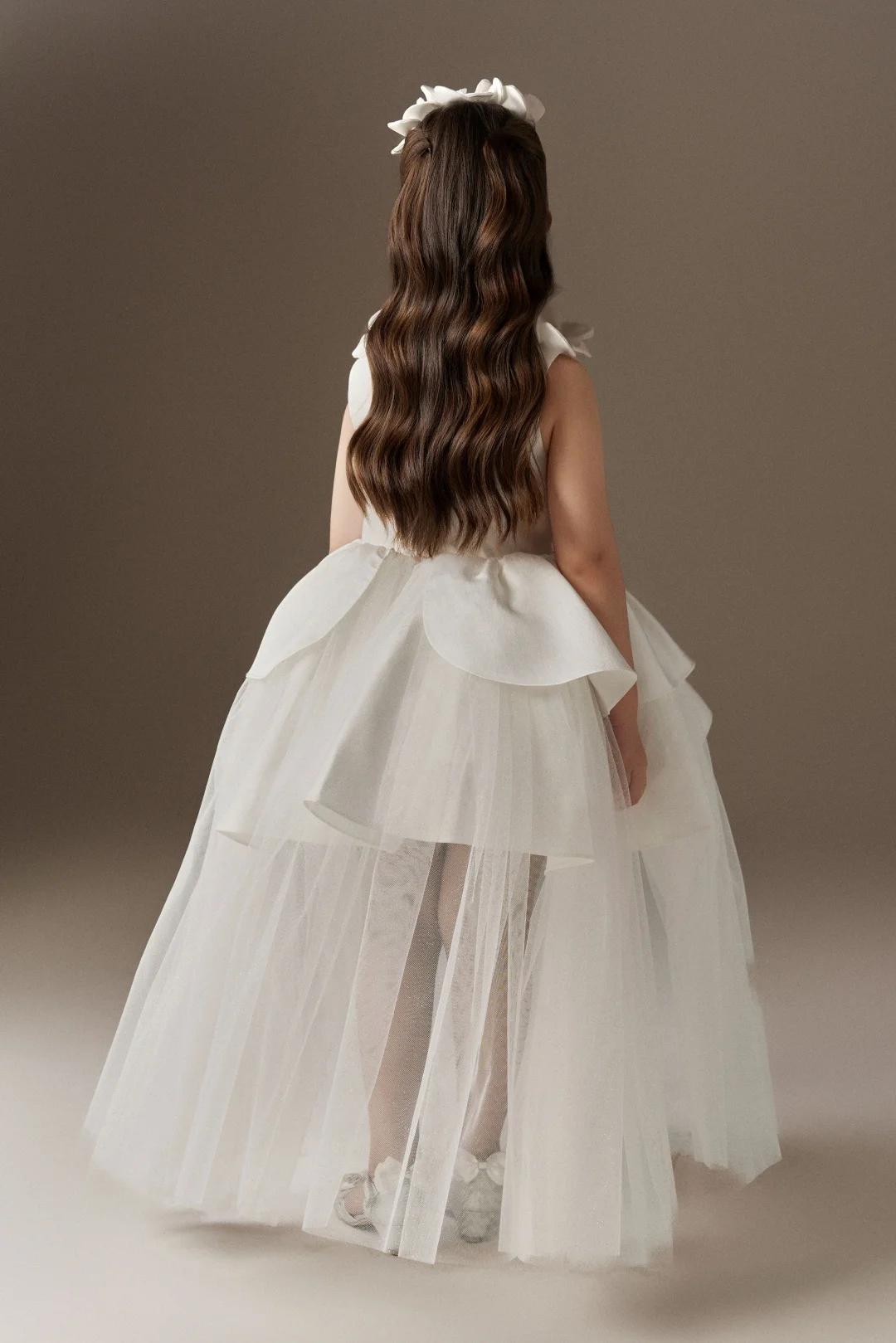 Princess White Custom Flower Girl Dress For Wedding Satin with Detachable Train Kids Birthday Party First Communion Gown