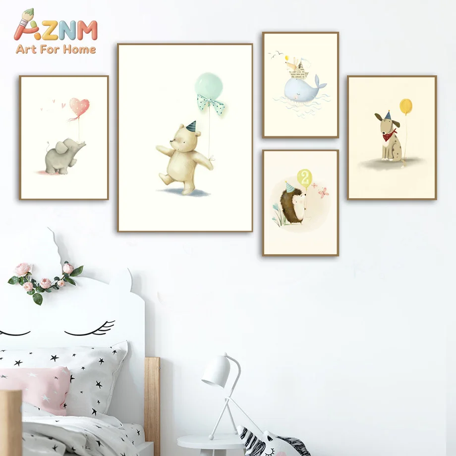 AZNM Sweet Watercolor Cartoon Animals Birthday Balloon Canvas Wall Art Cute Elephant Rabbit Bear Prints Gentle Nursery Kids Room