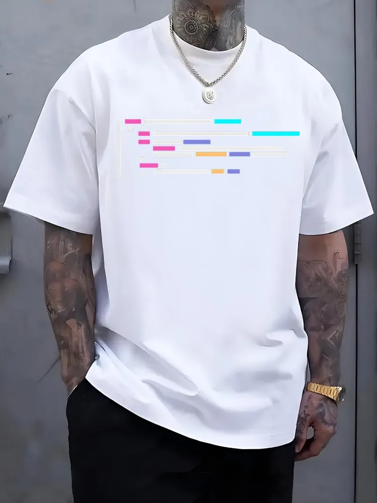 Men Black Cotton Crew Neck Tee Minimal Color Code Block Lines Graphic Loose Short Sleeve Developer Programmer Casual Daily Tops