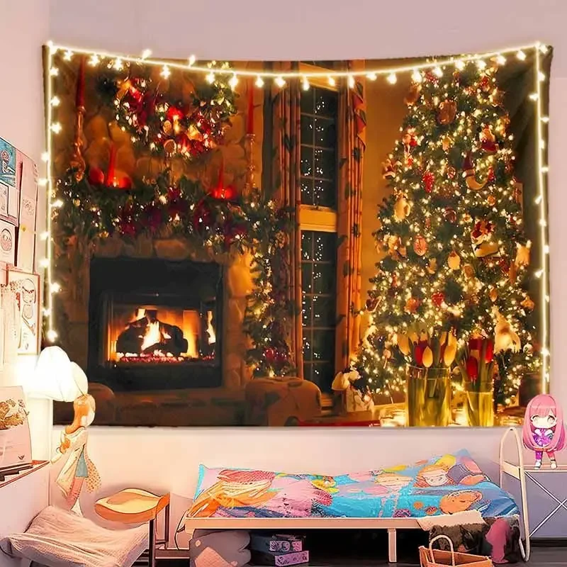 VIKAMA Christmas Cafe Interior Wall Tapestry Coffee Shop Tree Red Armchair Window Snow Telescope Warm Cozy Holiday Decor Cute