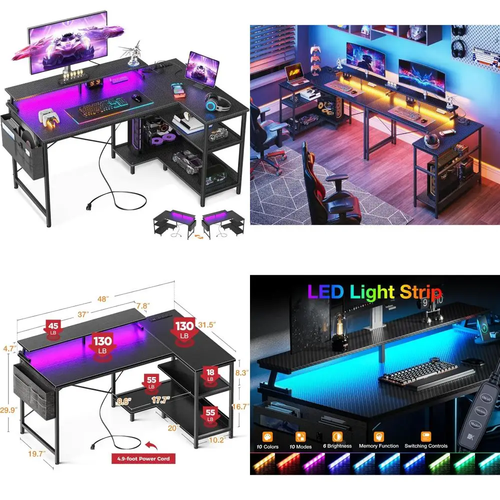 

Игровой стол L-образной формы 48, USB-портами, светодиодной подсветкой, полками для хранения и подставкой для монитора для улучшенной настройки компьютера