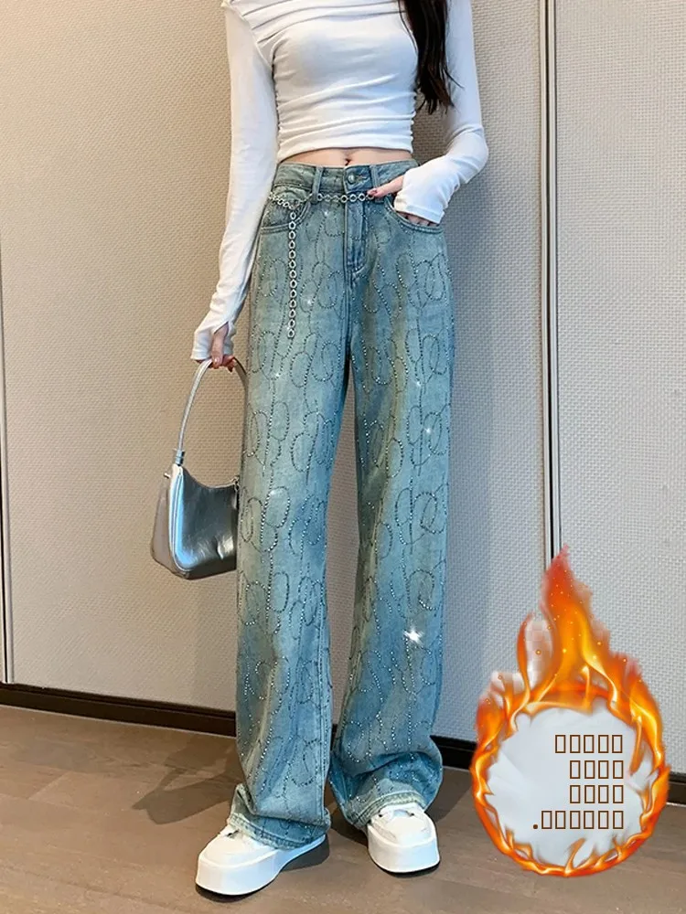 

Fleece Lined Thickened Rhinestone Denim Jeans High Waist Loose Slimming Heavy Duty Wide Leg Pants Trendy Women's Autumn Winte...