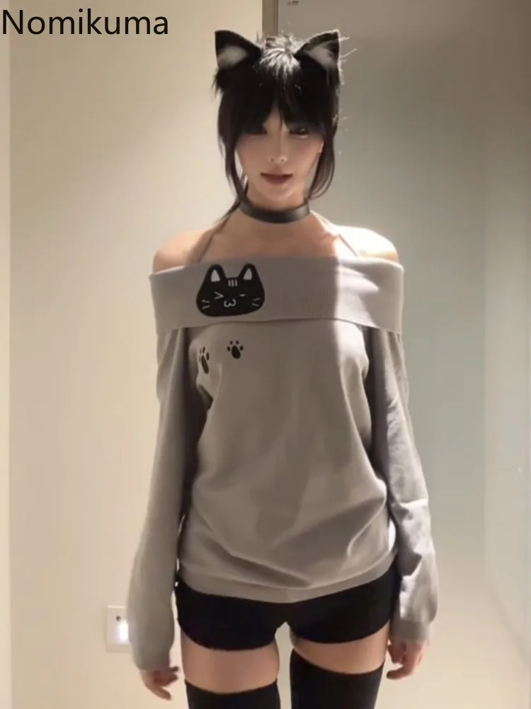 

Ropa Mujer Y2k 2022, футболки, женская одежда, корейские футболки, туника с длинными рукавами, вышивка кота, Camisetas, модная сексуальная футболка с разрезом на шее