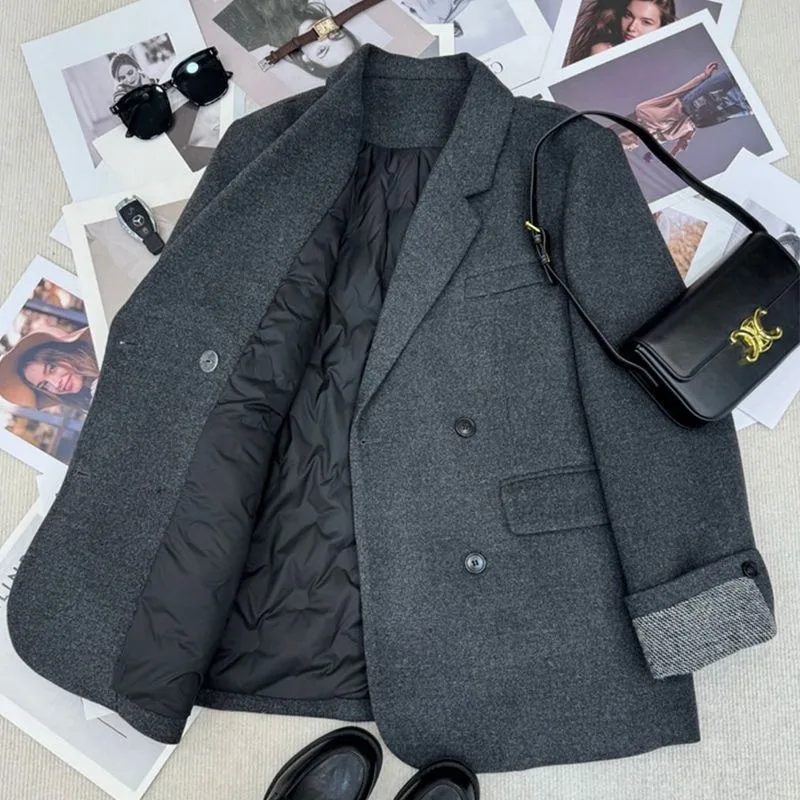 

Осенне-зимний твидовый пиджак, женский костюм, пуховик, утепленная внутренняя подкладка, белый утиный пух, темпераментное удобное теплое пальто