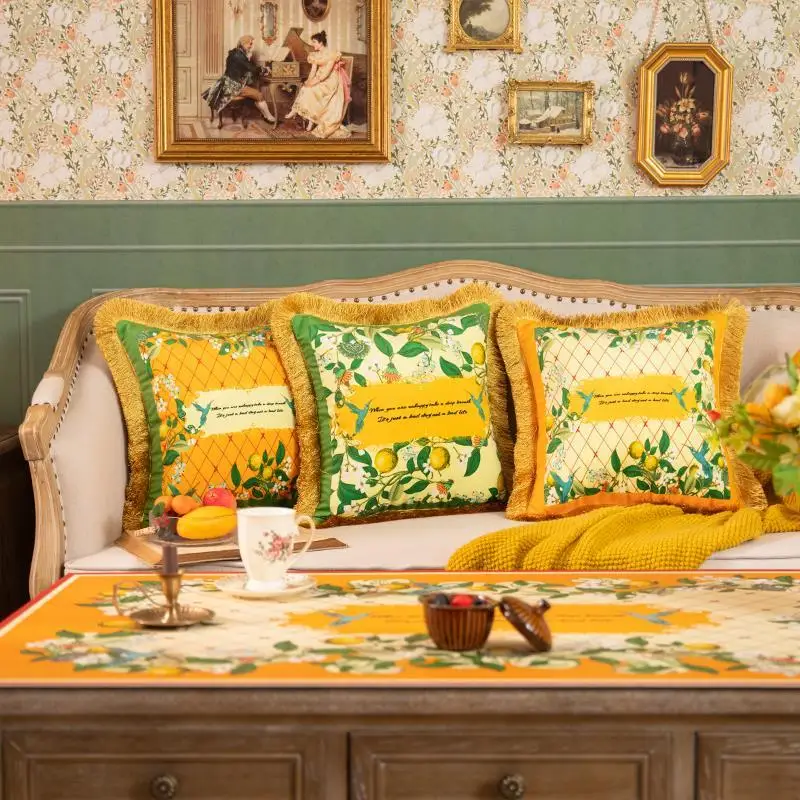 Luxury American Style Countryside Cushion Cover Double Sided Pattern Yellow Lemon Velvet Tassel Pillowcase For Sofa Living Room