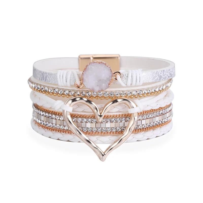 Kirykle Boho Women Jewelry Multi-layer Leather Rope Woven Inlaid Rhinestone Love Accessory Magnetic Buckle Open Girl Bracelet