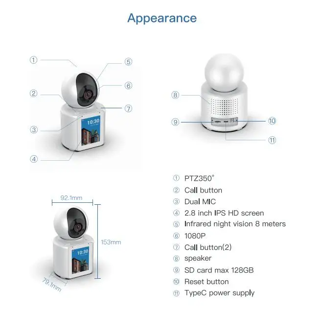 2.8Inch IPS Screen 2MP 1080P One Key Call Wireless PTZ IP Camera AI Humanoid Detection Video Phone Monitor For Elder Care Camera