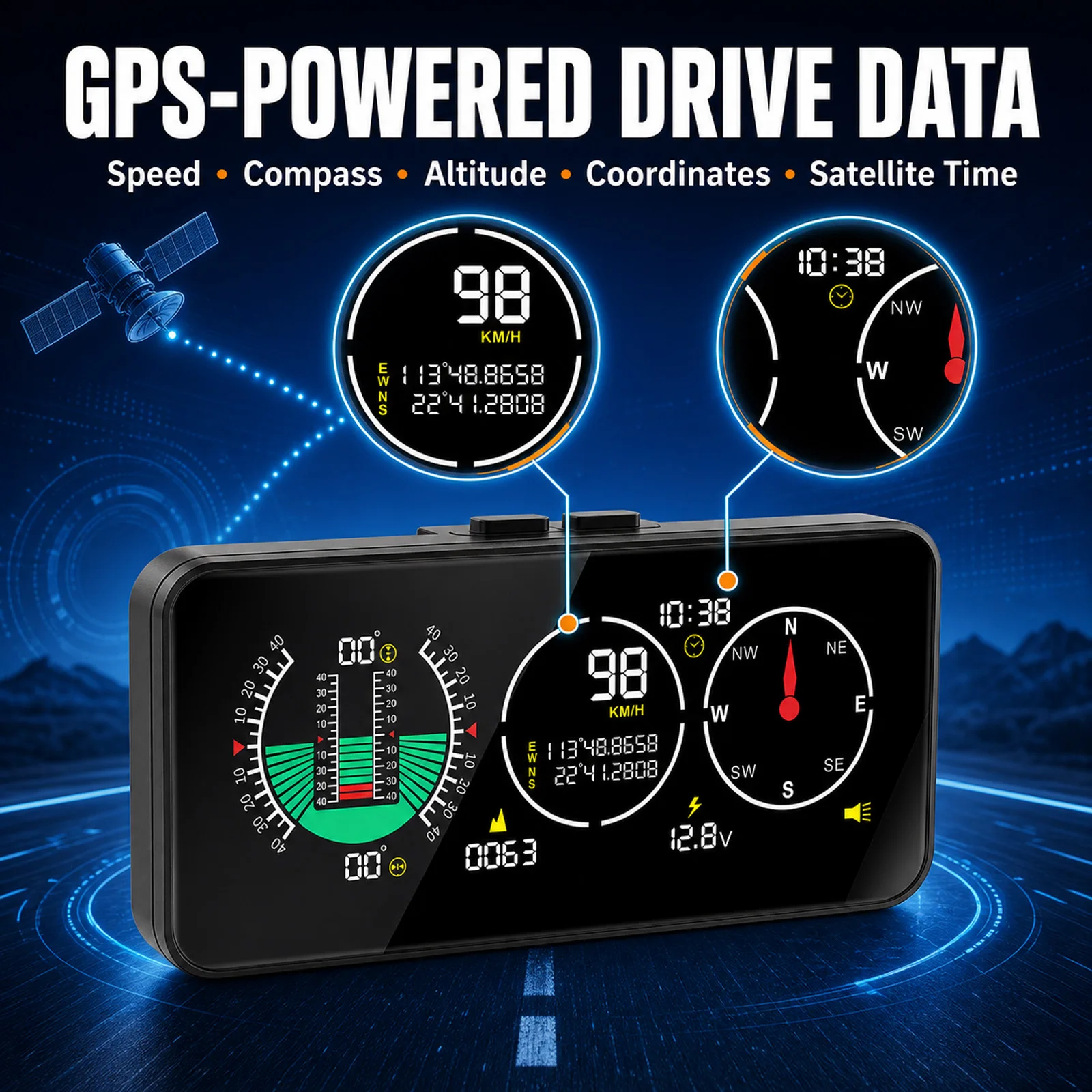 Car GPS Speedometer Off-Road Inclinometer - GPS Speed, Tilt/Altitude, Accelerometer, Compass, Overspeed Alarm, Fatigue Alert