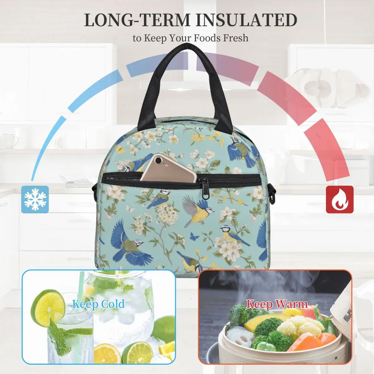 Large Lunch Boxes With Adjustable Shoulder Strap Beautiful Tits Bird Accessories Blooming Trees Lunch Food Box Thermal Cooler