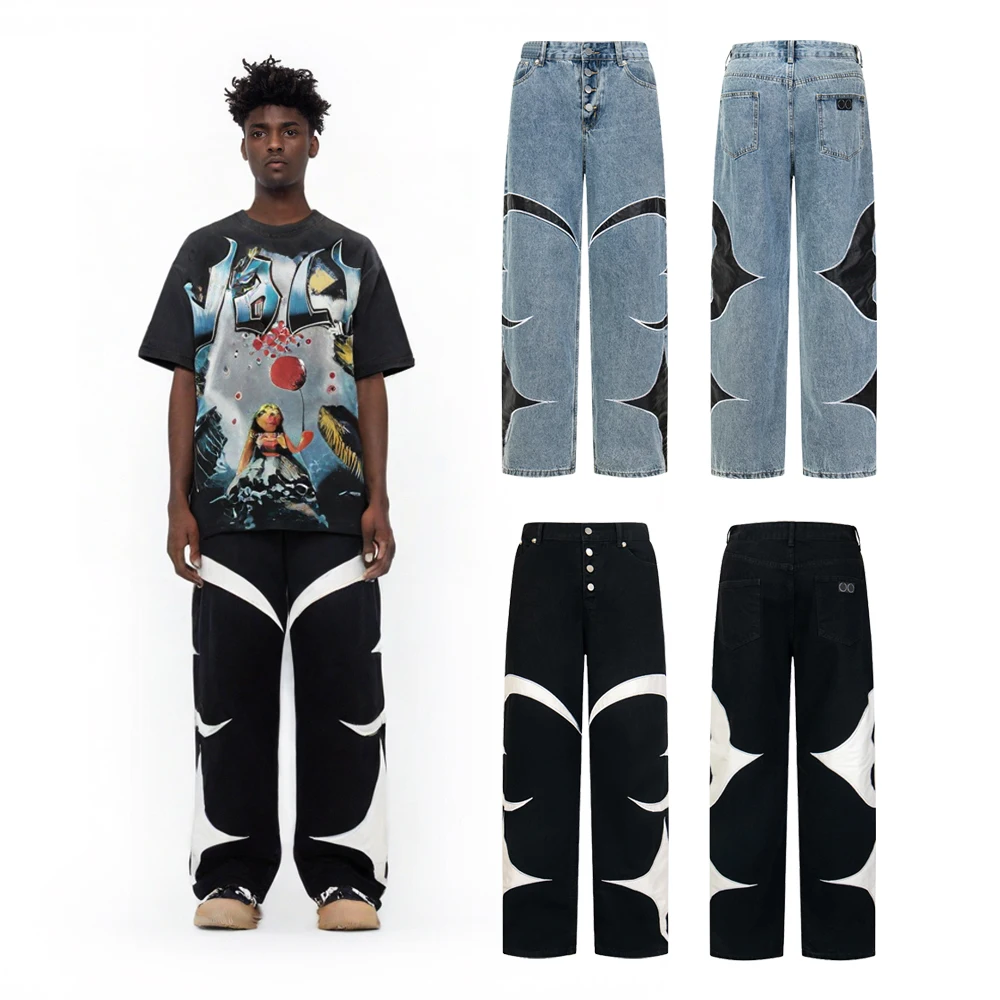 

Уличная одежда, свободные прямые джинсы с кожаной вышивкой, одежда в уличном стиле в стиле хип-хоп, мужские повседневные мешковатые прямые брюки в стиле ретро