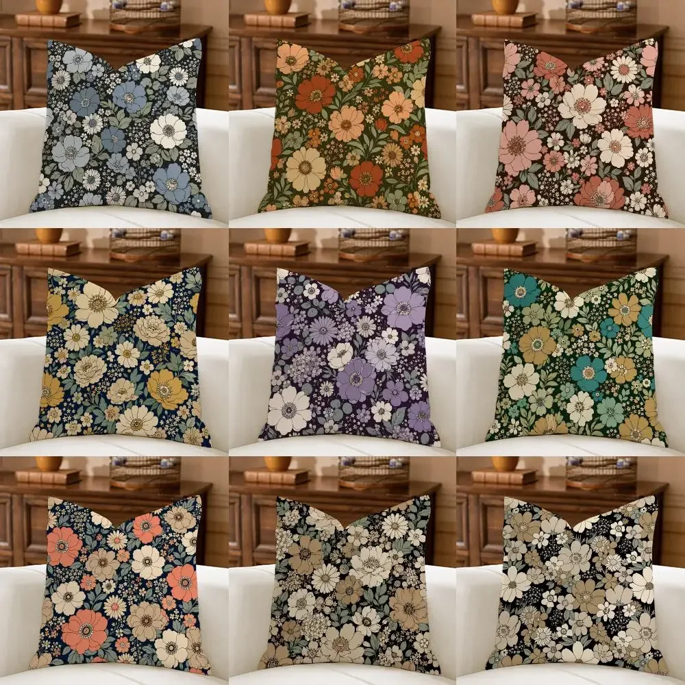 Boho Dark Floral Earth-Tone Cushion Cover Natural Breathable Durable Linen Printed Decor Pillow Case Sofa Bedroom