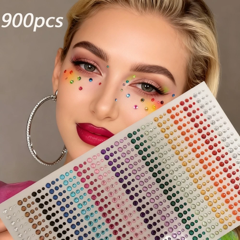 900pcs Eye&Face&Body Diamond Tattoos Stickers 3/4/5/6mm Colored Glitter Rhinestone Tattoo for Party Makeup Gem Accessory