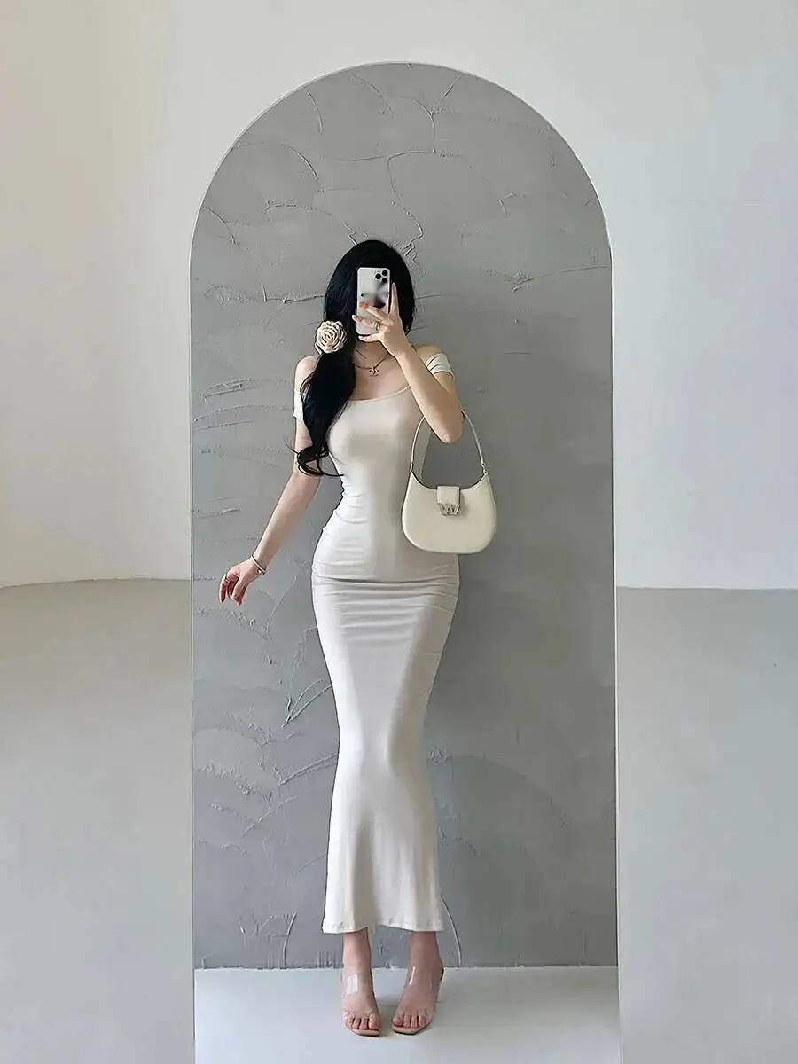 Sexy fuera del hombro ajustado adelgazante cintura abrigo vestido de cadera elegante vestido largo dulce bata 2024 nuevo dulce mujeres coreanas Tops W7QV