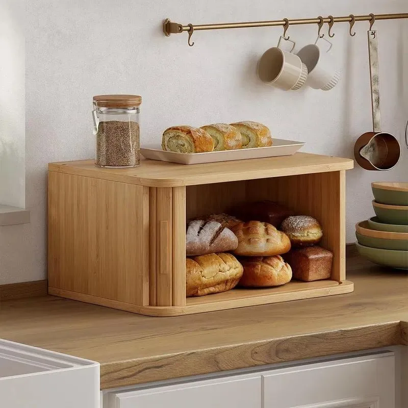 for Bamboo Counter Storage Box Sliding Door Sealed Bread Storage Container American Handmade Durable Large Capacity