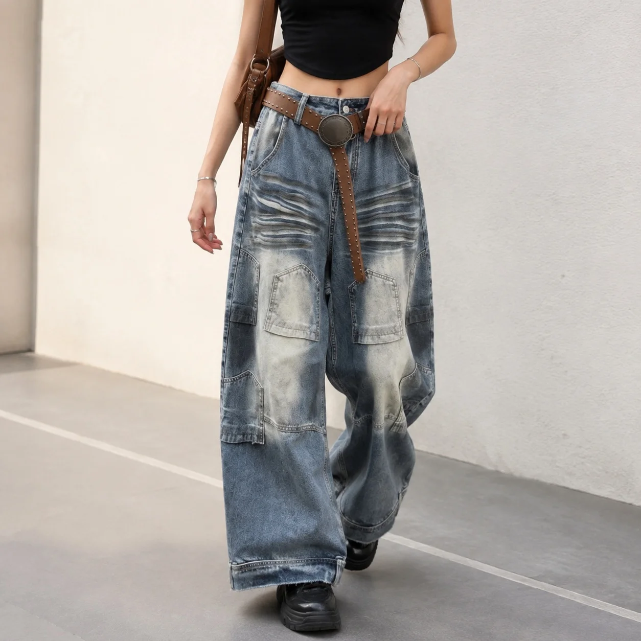 Wide Leg Washed Finish Belt Mid Rise No Stretch Workwear Women Jeans with Frayed Hem Distressed Pockets Regular Thickness Autumn