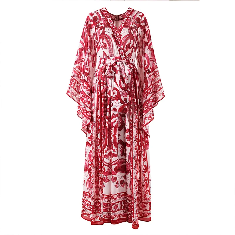 Red Blue And White Porcelain Print Holiday Dress Summer Vintage Bohemia Dress Women\'s  Loose Lace Up Belt Long Robe Vestido