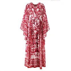 Red Blue And White Porcelain Print Holiday Dress Summer Vintage Bohemia Dress Women's  Loose Lace Up Belt Long Robe Vestido