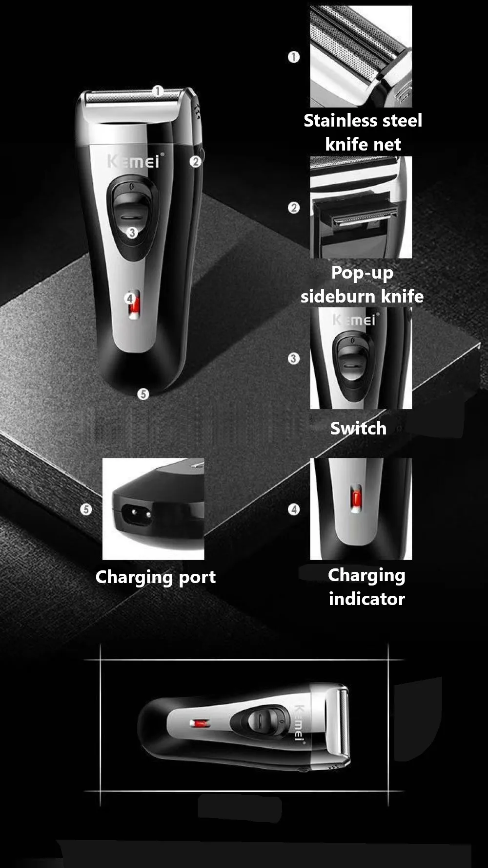 KM-9038 Leistungsstarker, wiederaufladbarer Rasierer für Männer, Folien-Elektrorasierer, Bart- und Kopfrasierer, elektrischer Rasierer für das Gesicht, USB, mit zusätzlichem Netz – Detail 2