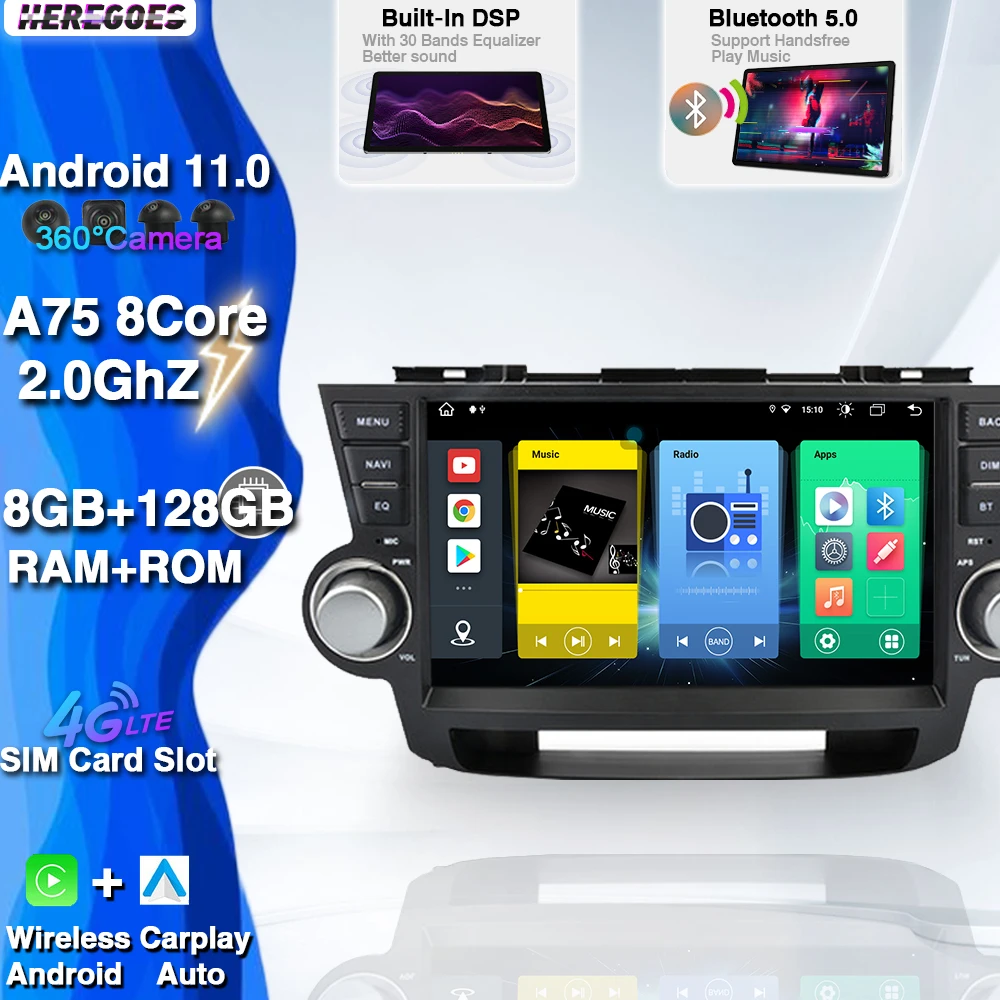 Carplay DSP 2Din Android 11.0 Car GPS Multimedia Player For Toyota Highlander 2 XU40 2007-2013 Autoradio Stereo Radio 8+128GB BT