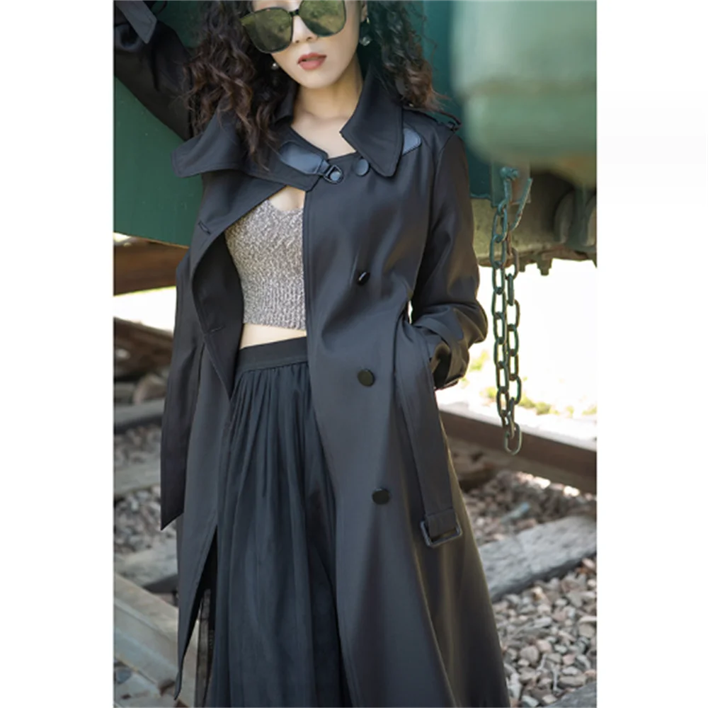 

Vintage Luxury Trench Coat For Women Long Sleeve Fashion black double-breasted coat