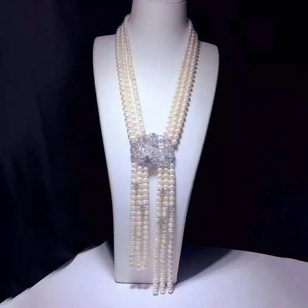 

Hand knotted 3rows 7-8mm white freshwater pearl micro inlay zircon accessories necklace long 60-65cm