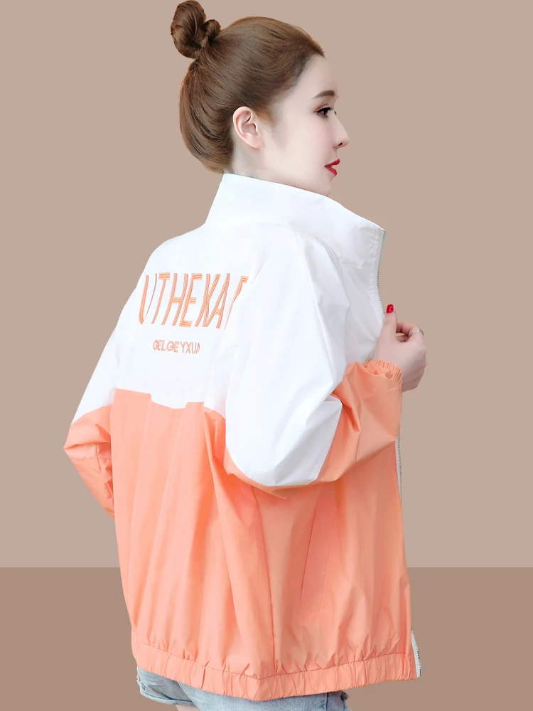 Women's Short Embroidered Baseball Jacket Thin Loose Casual Style Sporty  Collar Zipper Closure Long Sleeve Regular Fit