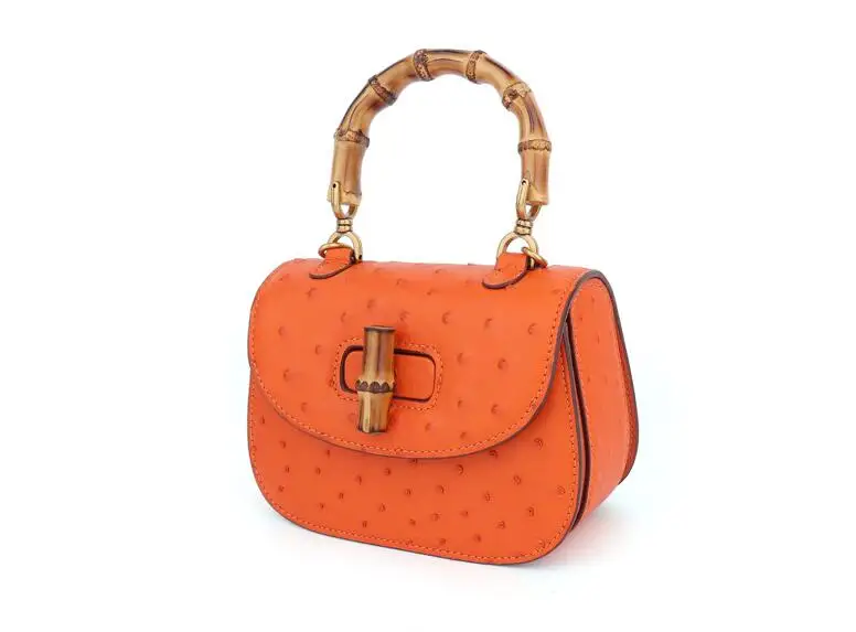 2023 new genuine ostrich skin leather lady women small size shoulder cross body bag with bamboo handle orange green color