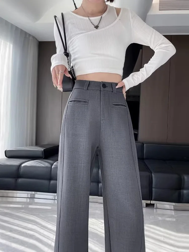 

Женские летние тонкие прямые брюки с широкими штанинами, зауженного кроя, с высокой талией, в корейском стиле, из полиэфирного волокна, повседневные