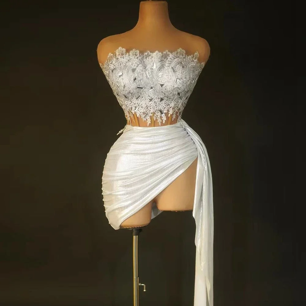 Vestido corto de vendaje blanco, conjunto de 2 piezas, espejos brillantes, vestido de noche para fiesta de graduación y celebración de cumpleaños, ropa para sesión de fotos