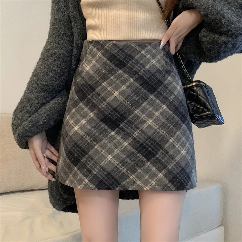 Vrouwen Wollen Stof Rok Herfst Winter Halflange Jurk Temperament Retro Hoge Taille Afslanken A-lijn Hip Knuffelen Korte Rok
