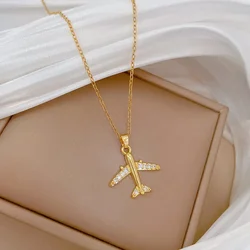 New Fashion 18K Gold Plated Airplane Pendant Necklaces For Women Trendy Female Stainless Steel Clavicle Chain Jewelry Wholesale
