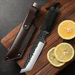 Outdoor Straight Blade Steel Blade with Protective Sleeve Hand Forged Hammer Pattern High-quality Tourism and Camping Tools