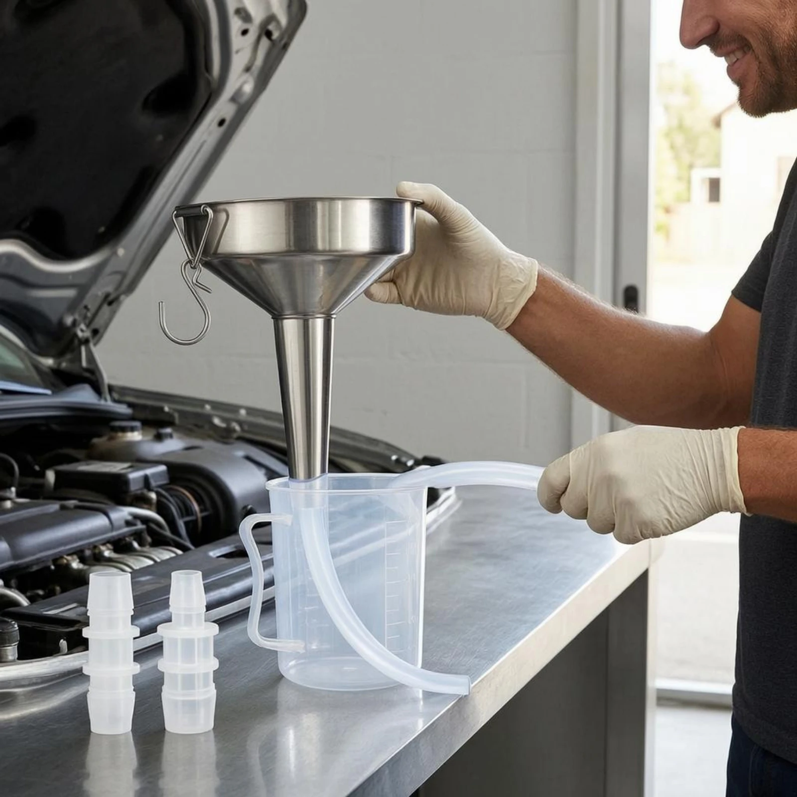

Stainless Steel Funnel Kit Graduated Funnel Measuring Set Automotive Tool Clear Hose Rust-Resistant