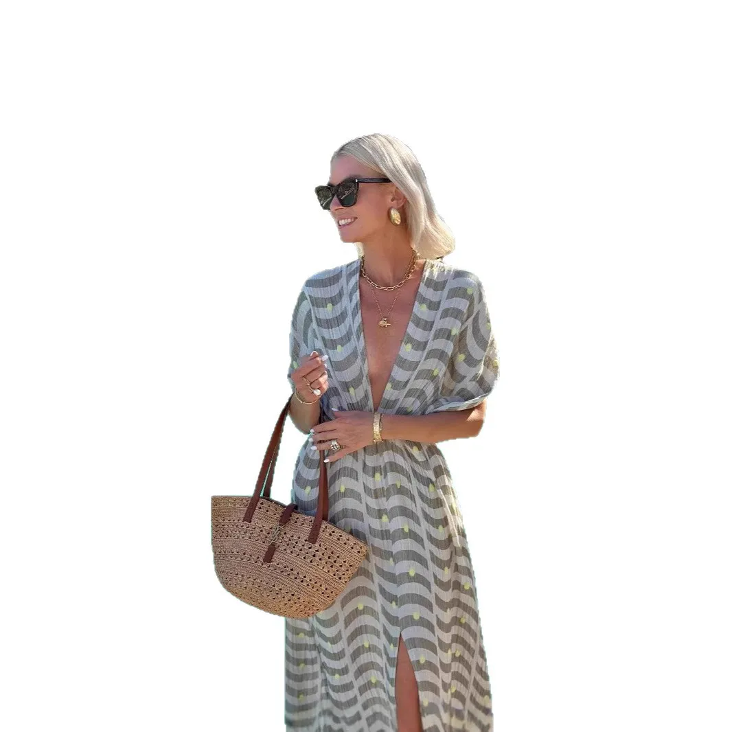Dresses For Women Summer New Print Deep V-neck Sleeve Slit Dress Fashion Casual Beach Vacation Style Long Vestidos Female 2025