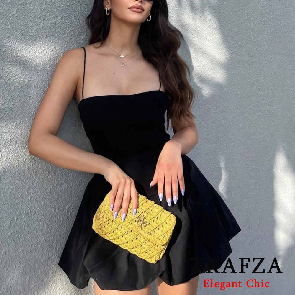 TRAFZA Sexy Casual Chic Women Mini Dress Solid Puffed Satin Paneled Cami Dress Fashion 2024 Summer Beach Holiday Evening Dress