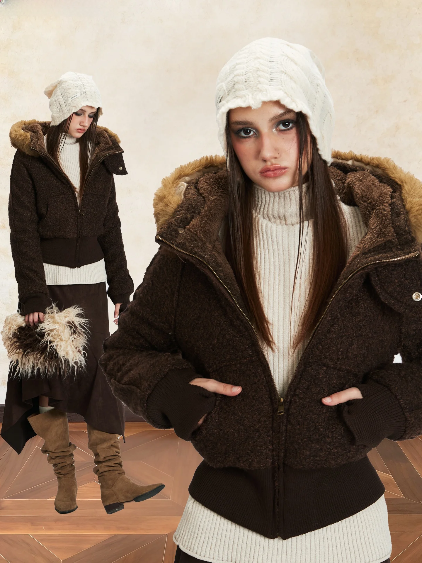 

ALLMY Американская ретро-куртка с капюшоном из хлопка для женщин, зимняя теплая шерстяная куртка на флисовой подкладке, прямой крой, уличный стиль