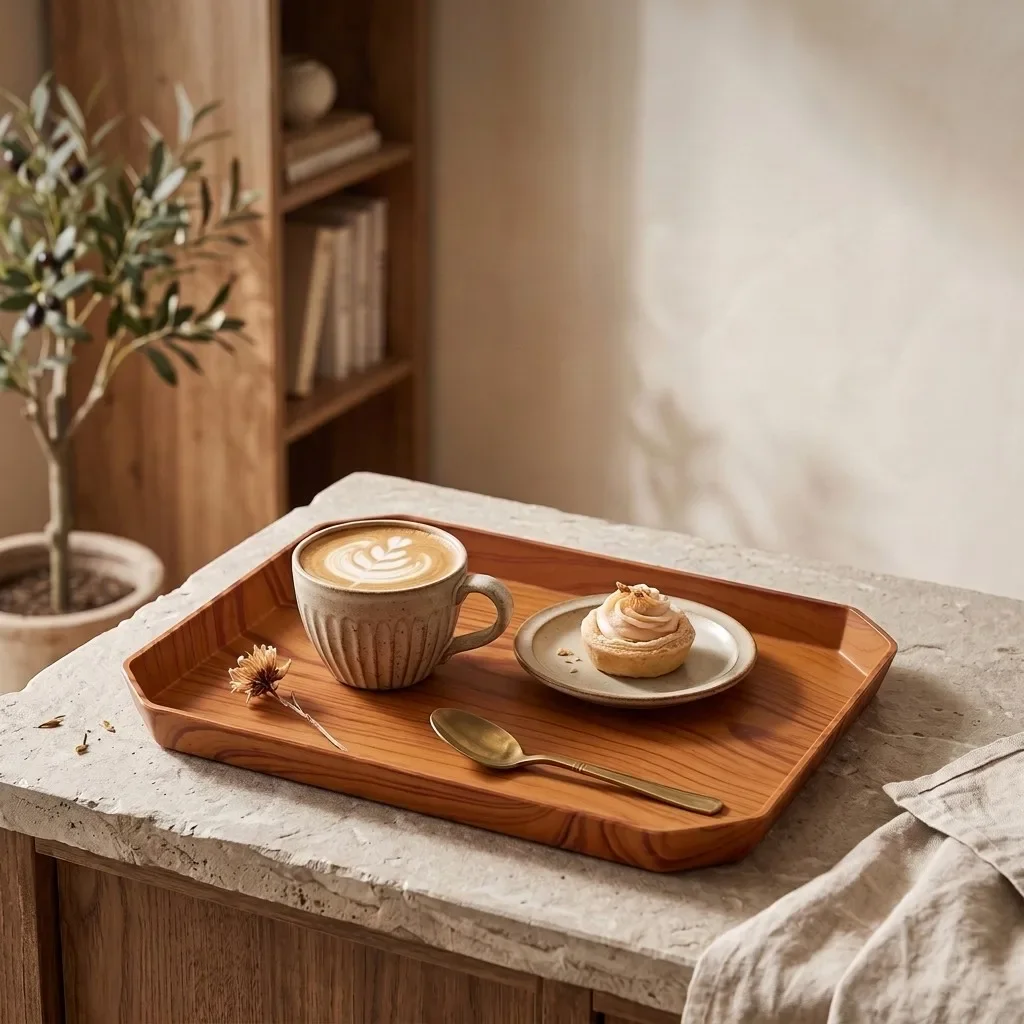Stackable Plastic Serving Tray Wood Grain Rectangular Decorative Fruit Food Plate Dishes Tea Trays For Eating Kitchen Tableware