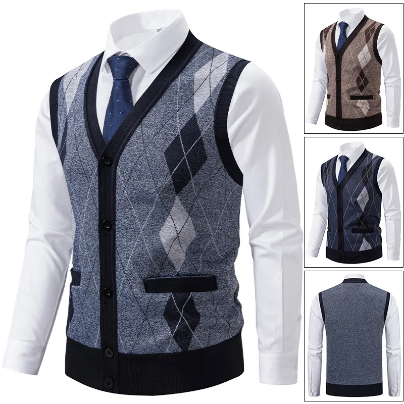 

Autumn Winter Mens Fleece Knit Sweater Vest Slim V-Neck Fashion Jacquard weave Mens Warm Sleeveless Coat chalecos para hombre