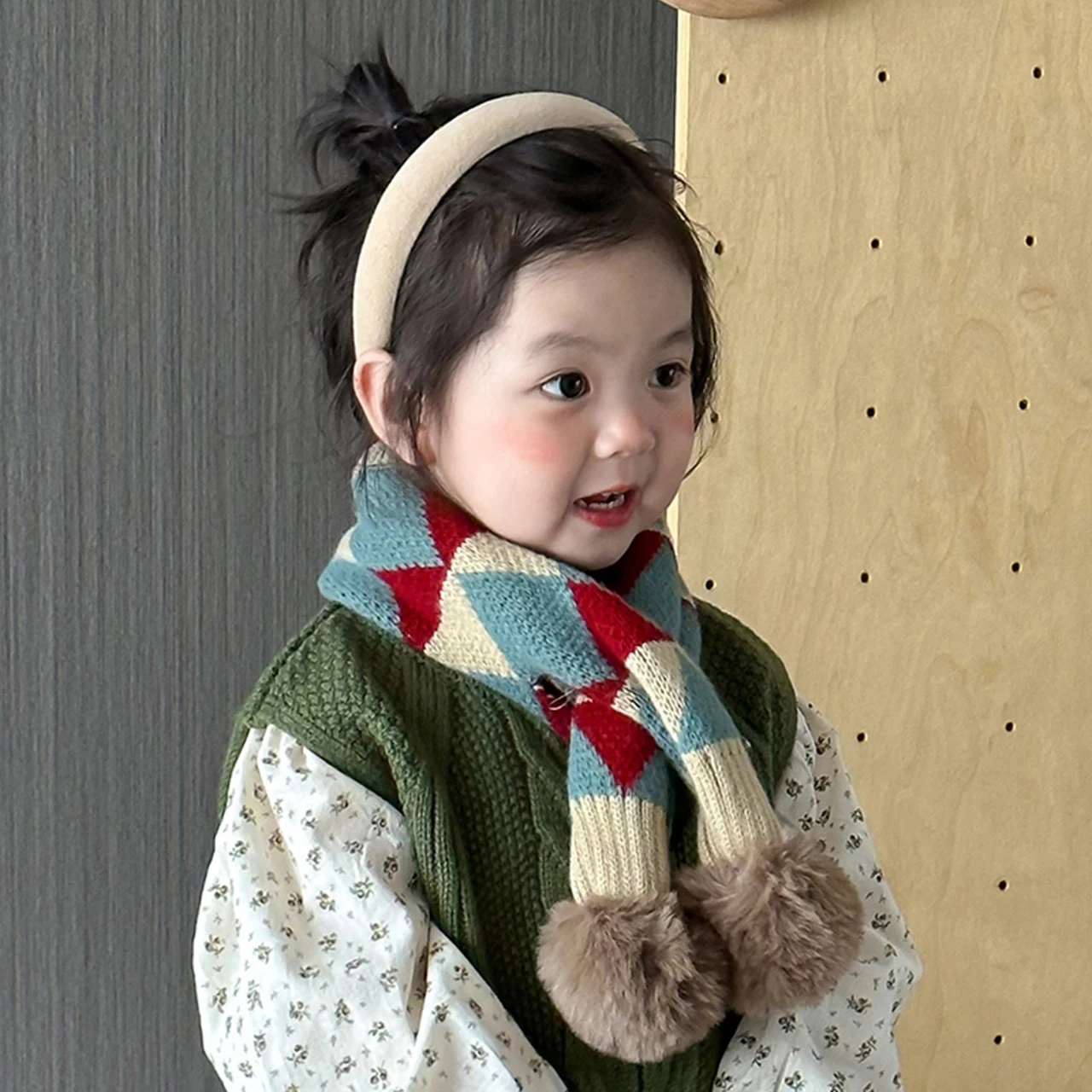 شتاء دافئ موضة منقوشة مخطط الاطفال وشاح يندبروف الأطفال مكافحة البرد عبر منديل في الهواء الطلق الطفل غطاء للرقبة Pompom وشاح #2