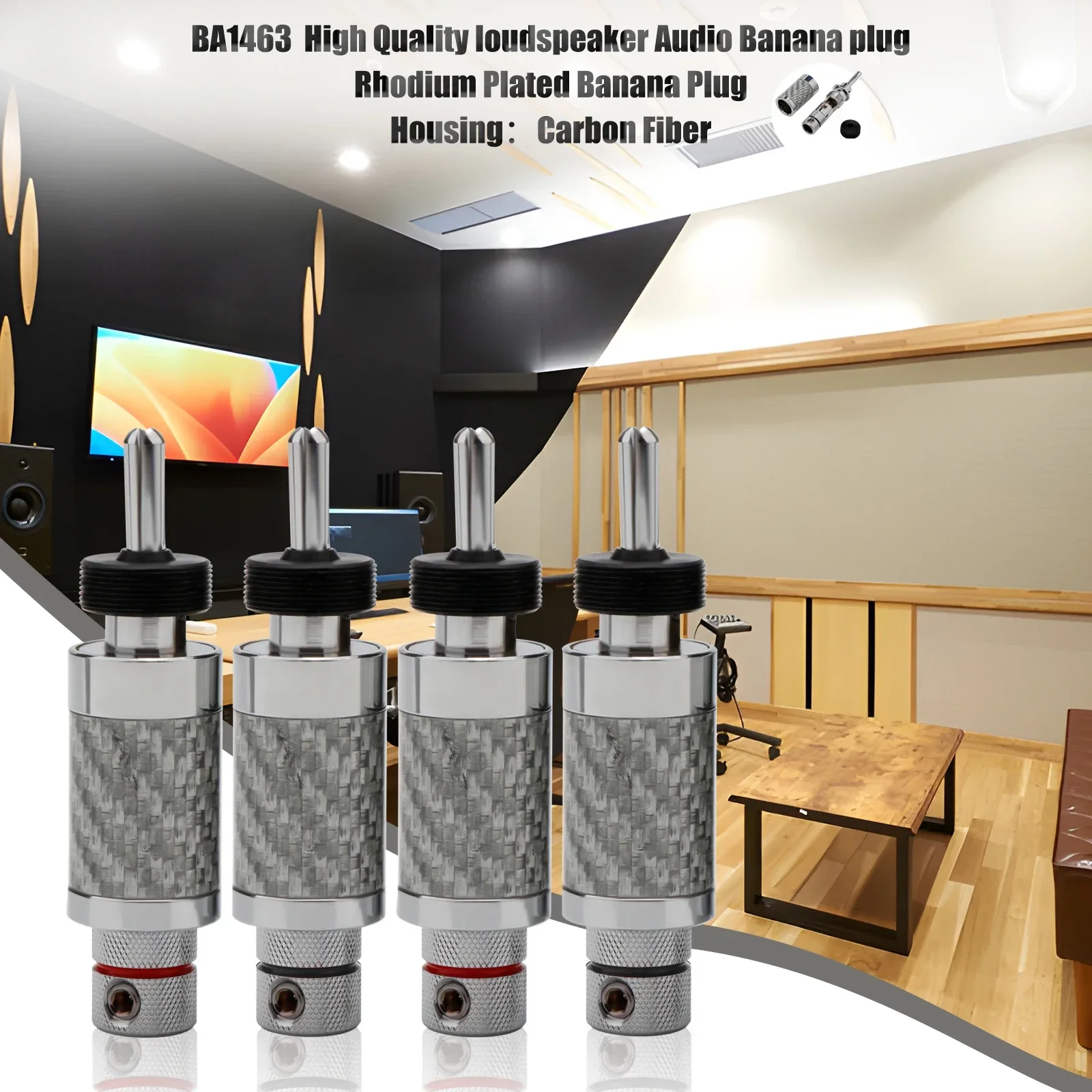 Preffair 4 Stück Audio-Stecker, Bananenstecker mit rhodiniertem, schwarzem Kohlefaser-Stecker, Lautsprecherkabel, männlich, 9 mm, BA1463