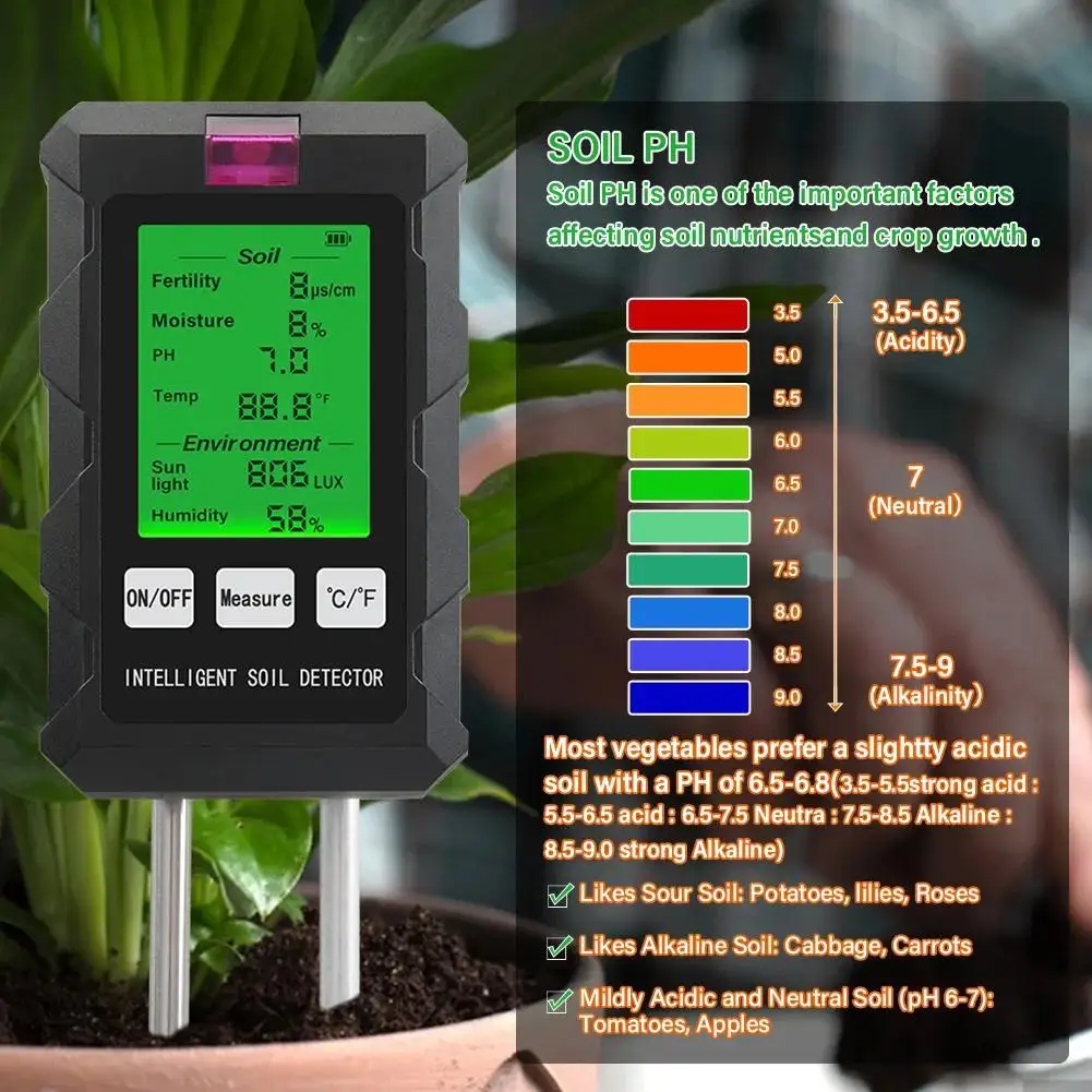 6in1 Soil Meter Digital Hygrometer Ph Tester Fertility/ Light/ Moisture/ Air Humidity Tester Thermometer for Garden