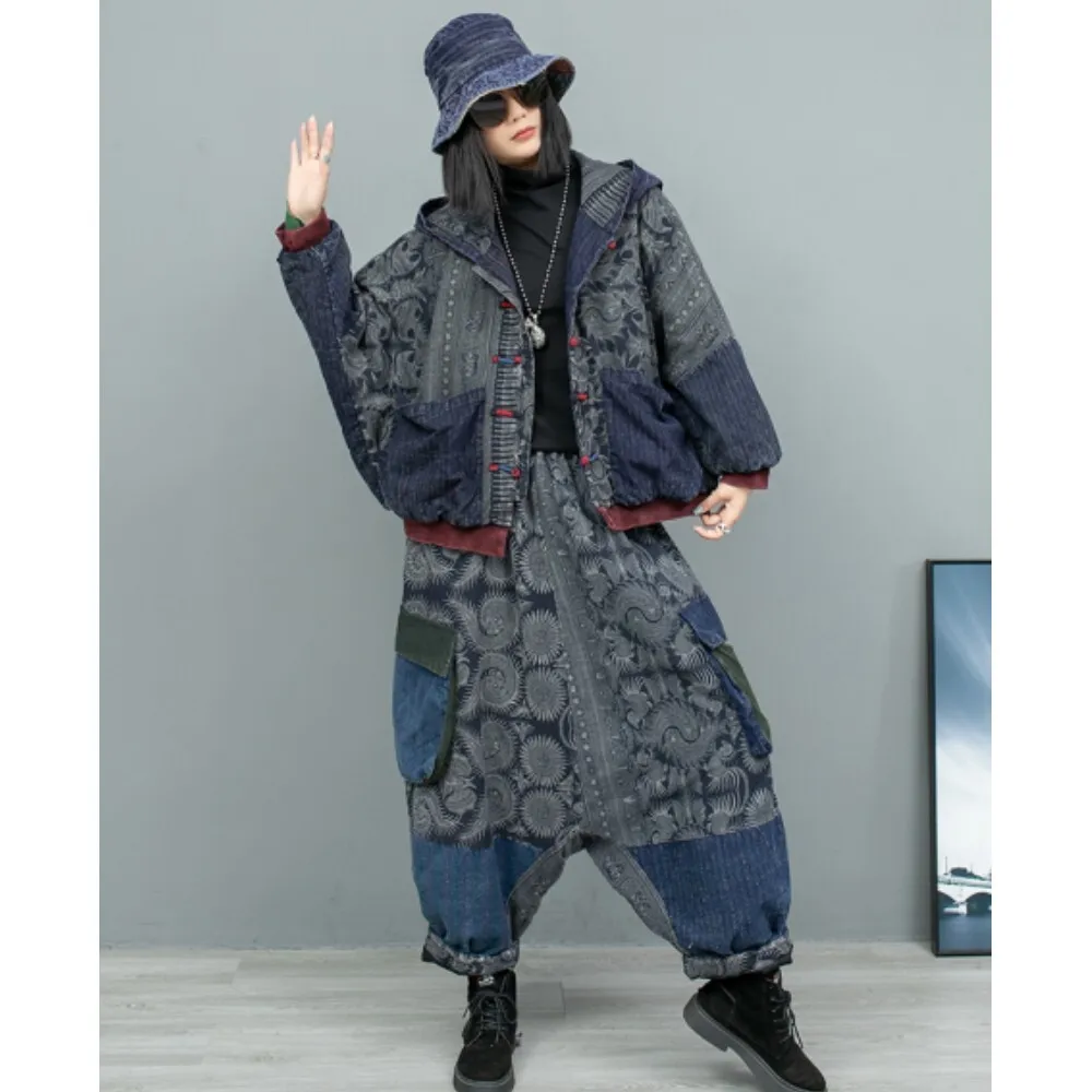 Vintage Printed Linen Patchwork Hooded Cardigan Buttoned Cotton Jacket + Cotton Pant Two-piece Set Women Winter LX2603