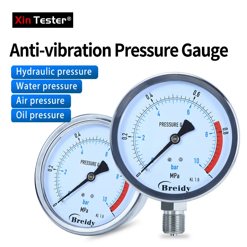 Xin Tester 0-60MPa Glycerin free Pressure Gauge Vertical Anti-vibration Stainless Steel Water Oil Air Gauge G1/4 G1/2