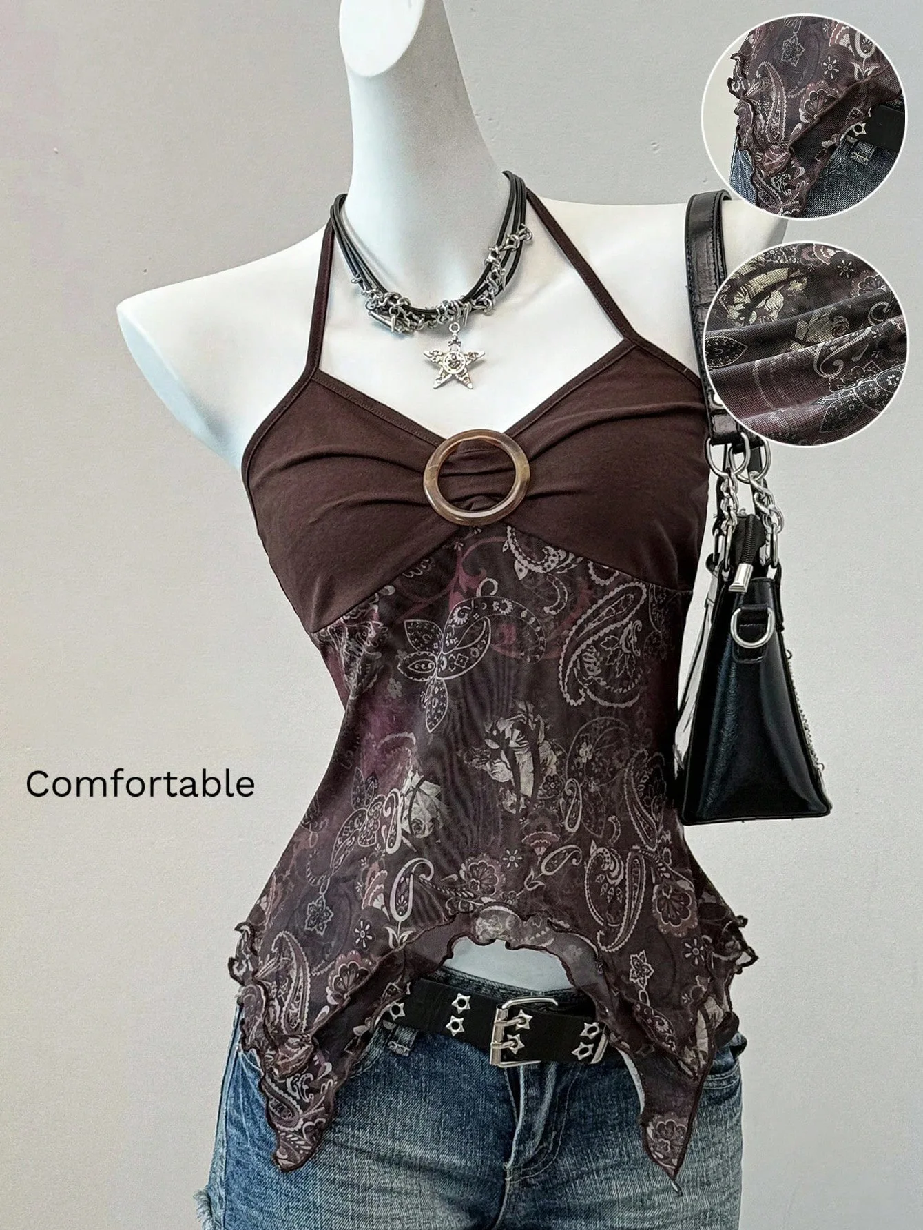 Sommer Retro 2026 Neu Sexy Off-Shoulder Neckholder-Weste Damen Ärmelloses Bedrucktes Mesh-Patchwork Slim Top Urlaub Beliebt – Detail 1