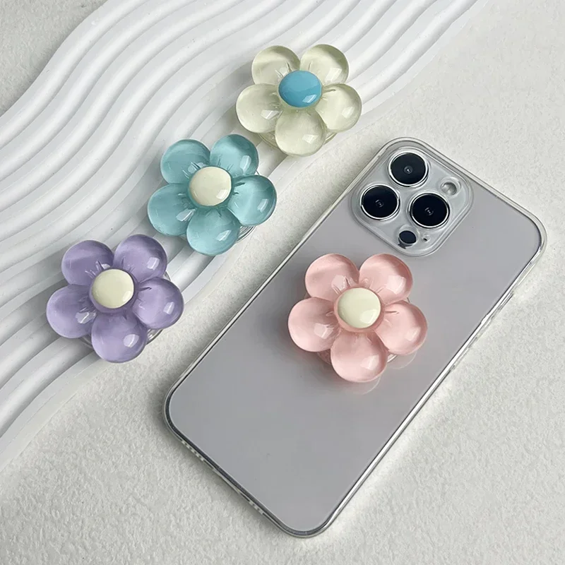 Transparent Resin Candy-Colored Flower Phone Holder Foldable Desktop Stand Cute Floral Retractable Grip for Mobile Devices 1pc