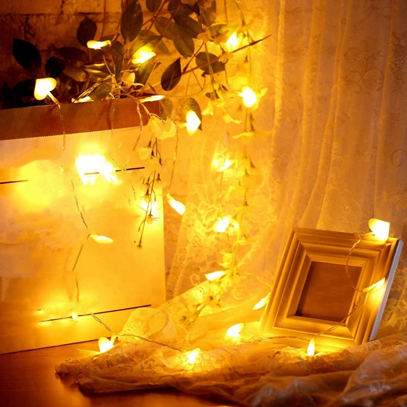 Cadena de luz LED en forma de corazón para el Día de San Valentín, lámpara de cadena de 8 modos alimentada por batería, Rosa 3D, 40 LED